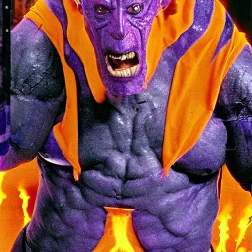 Image similar to ivan ooze, portrait, practical effects, 1 9 9 0 s action movie, purple electricity arcing from fingers, an army of tongue warriors