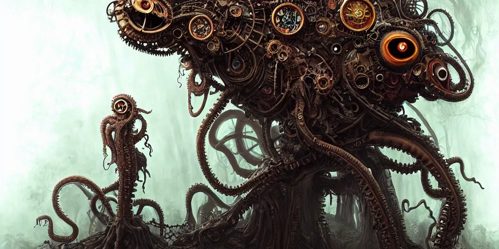 Image similar to biomechanical steampunk creature with robotic parts and big octopus head and (glowing) eyes guarding an ancient lush cave in a mystic forest, gothic and baroque, brutalist architecture, ultradetailed, creepy ambiance, fog, artgerm, giger, Intricate by Ellen Jewett and Josan Gonzalez and Giuseppe Arcimboldo