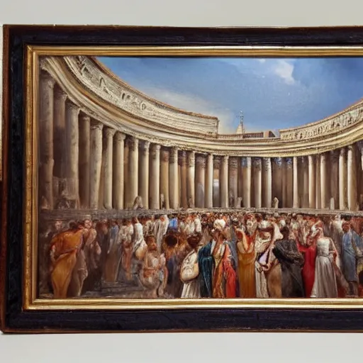 Prompt: a marble coliseum filled with roman people, oil painting,