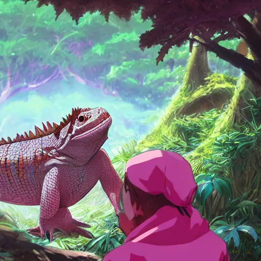 Image similar to concept art painting of an anthropomorphic anime style humanoid bearded dragon lizard wearing magenta wizard robes, in the deep forest, realistic, detailed, cel shaded, in the style of makoto shinkai and greg rutkowski and james gurney
