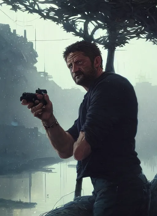 Prompt: Highly detailed portrait of Gerard Butler, in GTA V, Stephen Bliss, unreal engine, fantasy art by Greg Rutkowski, Loish, Rhads, ferdinand knab, Makoto Shinkai and Lois van baarle, ilya kuvshinov, rossdraws, Tom Bagshaw, alphonse mucha, global illumination, radiant light, detailed and intricate environment