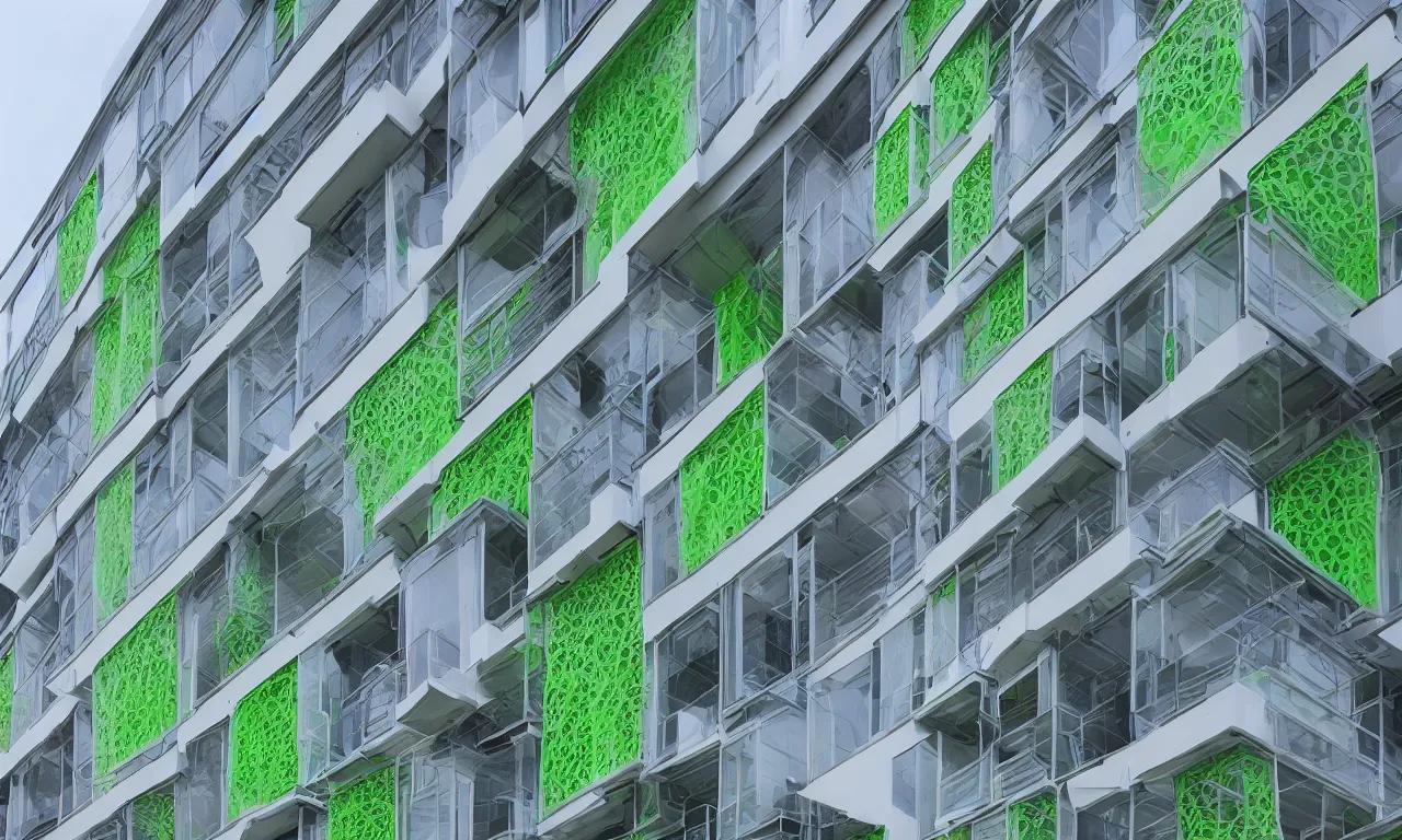 Prompt: algae glass additive printed multifamily modern architecture, colorful geometric exterior rain - screen cladding, architectural sculptural interior, visually satisfying architecture render in vray
