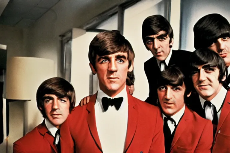Prompt: james bond and the beatles, color photograph, 1 9 6 0 s