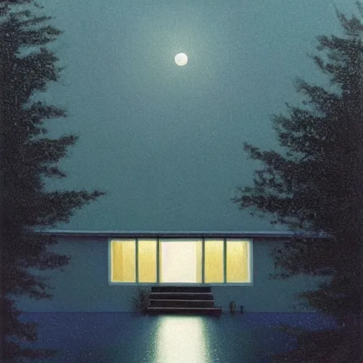 Image similar to painting by by Quint Buchholz, atmospheric cozy futuristic organic white concrete house in the middle of a lush and dense forest at night, a beautiful lake next to it, night time, night sky, starry night sky, by Quint Buchholz