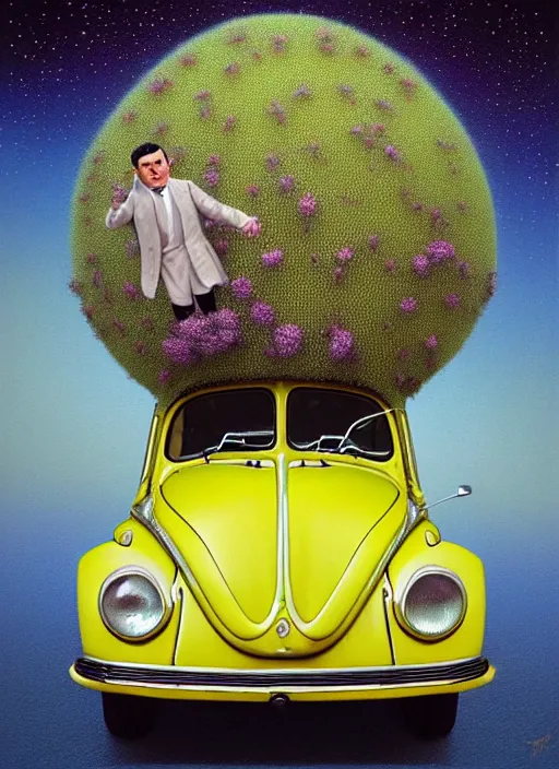 Image similar to hyper detailed 3d render like a Oil painting muted colors - slightly silly portrait of Rowan Atkinson cross eyed as Mr. Bean atop his yellow beetle in Aurora seen tickling of the Strangling network of yellowcake aerochrome and milky Fruit and Her delicate Hands hold of gossamer polyp blossoms bring iridescent fungal flowers whose spores black the foolish stars by Jacek Yerka, Mariusz Lewandowski, Houdini algorithmic generative render, Abstract brush strokes, Masterpiece, Edward Hopper and James Gilleard, Zdzislaw Beksinski, Nicoletta Ceccoli, Wolfgang Lettl, hints of Yayoi Kasuma, octane render, 8k