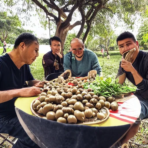 Prompt: Brazilian man, English man, Chinese man, eating peanuts and olives at a park