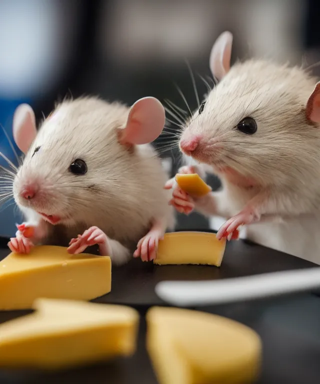 Image similar to high quality presentation photo of cute anthropomorphic mice eating cheese, photography 4k f1.8 anamorphic bokeh 4k Canon Nikon