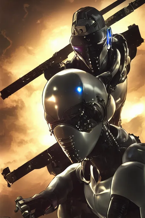 Image similar to cyber cyborg ninja mask helmet metal gear solid artic suit swat commando, global illumination ray tracing hdr fanart arstation by sung choi and eric pfeiffer and gabriel garza and casper konefal, a spectacular view cinematic rays of sunlight comic book illustration, by john kirby