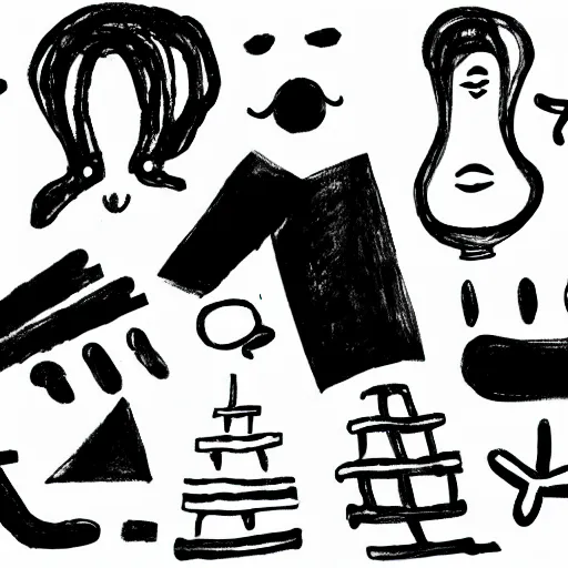 Image similar to black and white composition of a variety of doodles, drawings, faces, symbols, cartoons, lineart, chinese ink brush