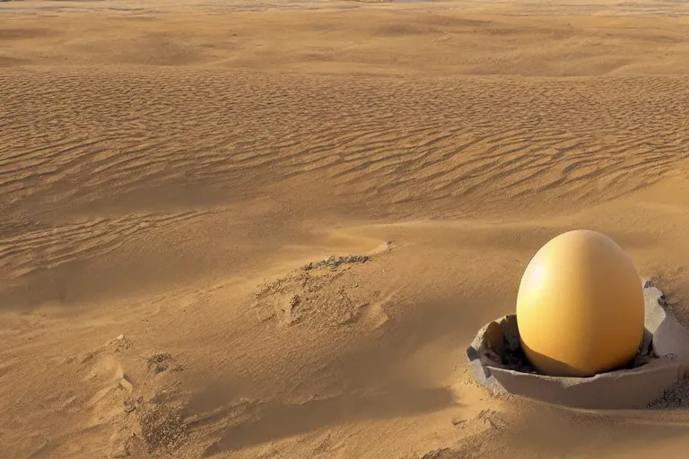 Image similar to Desert in an egg with concrete walls and golden domes, high quality