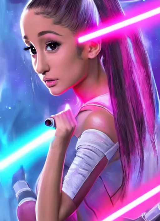Image similar to An extremely detailed photo of Ariana Grande in the Star Wars universe with two pink lightsabers held in each hand. Maximum detail on artstation, photo realism, vivd details, vivd colour, volumetric lighting. anime art style