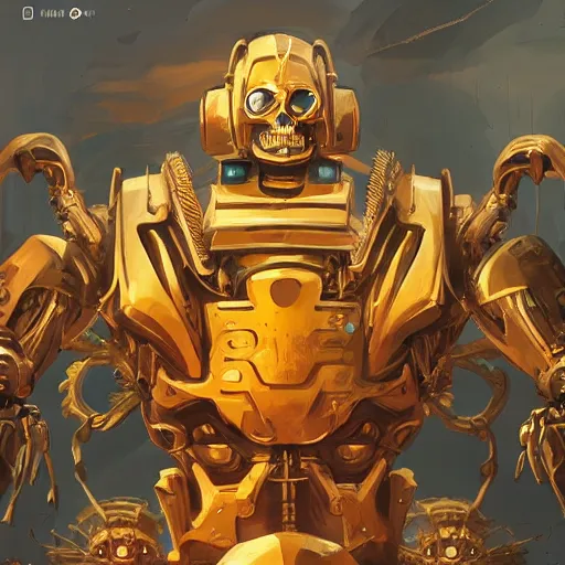 Prompt: a giant golden robot fighting an army of skeletons, highly detailed portrait, digital painting, artstation, concept art, smooth, sharp foccus ilustration, Artstation HQ