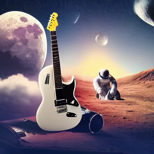 Image similar to a photo of a detailed, realistic, regular sized, sitting idle fender electric guitar next to a sitting idle beer can with an astronaut sitting down on the moon surface and an astronaut playing guitar in the background. detailed photo. realistic photo. cinematic. cinematic shot