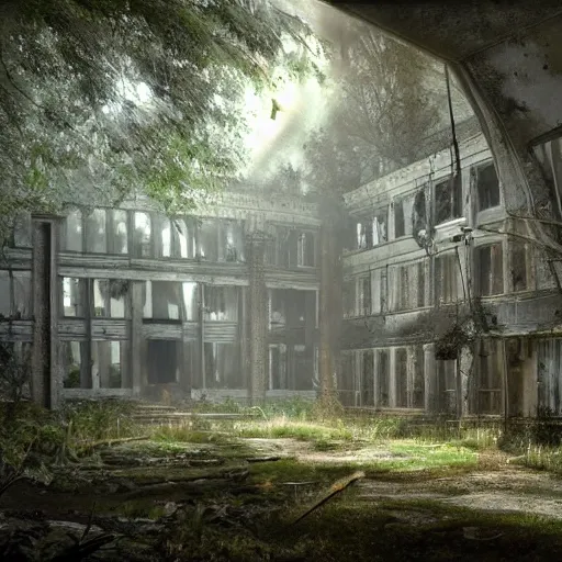 Image similar to Abounded Asylum in the middle of a dense forest, Dynamic lighting, Realism, Realistic,