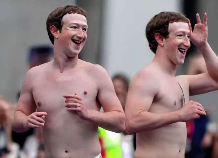 Prompt: shirtless mark zuckerberg running marathon hands in air screaming shouting