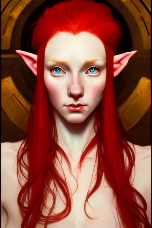 Image similar to portrait of a red - haired elf using the golden ratio, highly detailed, digital painting, artstation, sharp focus, illustration, art by tan zi and ayanamikodon and alphonse mucha and wlop