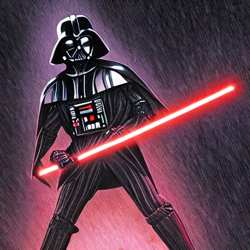 Image similar to darth vader in the style of don lawrence storm, moody lighting, 8 k