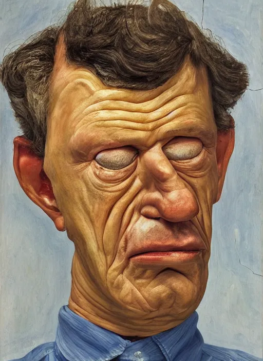 Image similar to Real life Homer Simpson, deceased, painted by Lucian Freud, highly detailed, 8k