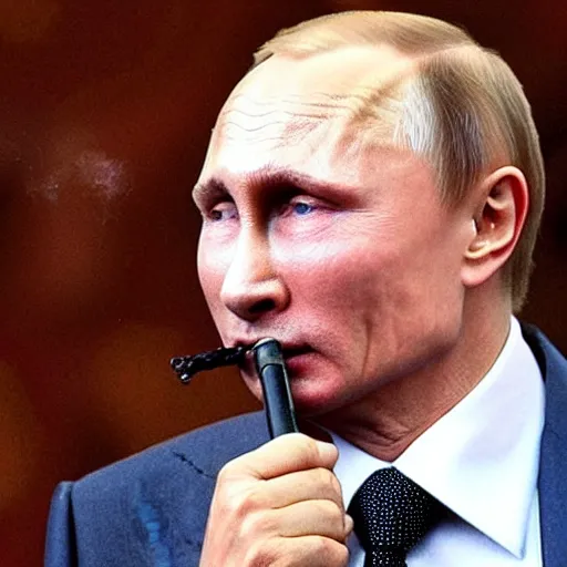 Image similar to Vladimir Putin smoking huge amounts of cannabis with a bong