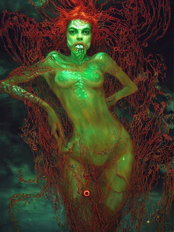 Prompt: ( underwater ) middle length portrait of a living goo on a ( glowing cyborg leshy girl ), cinematic light, looking to the side off camera, backlight glow, green bright red, mist, by mikhail vrubel, by philippe druillet, by peter elson, by gerald brom, muted colors, extreme detail, trending on artstation, 8 k