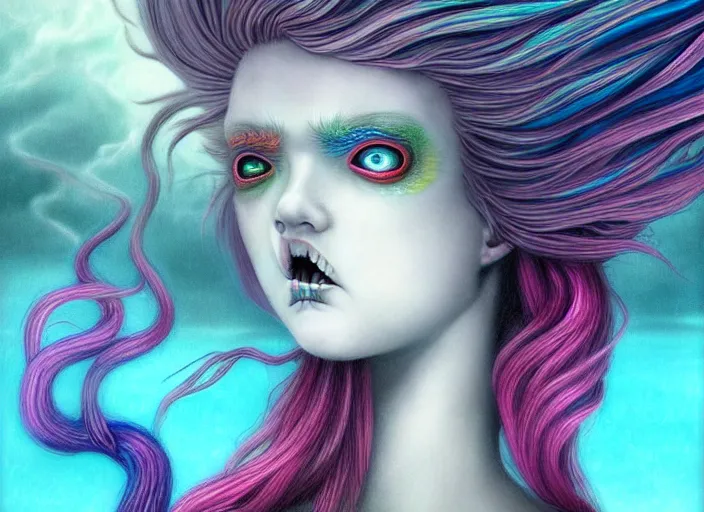 Image similar to realistic detailed image of a mermaid with rainbow hair swimming in an angry, stormy sea, anime art, anime, inspired by Mark Ryden and Zdzislaw Beksinski, gothic, rich deep colors. A masterpiece.