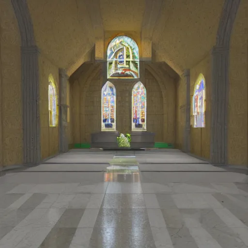 Prompt: vaporwave chapel, liminal space, high detail, rendered in unreal engine, 3d render, god rays, volumetric lighting, vegetation
