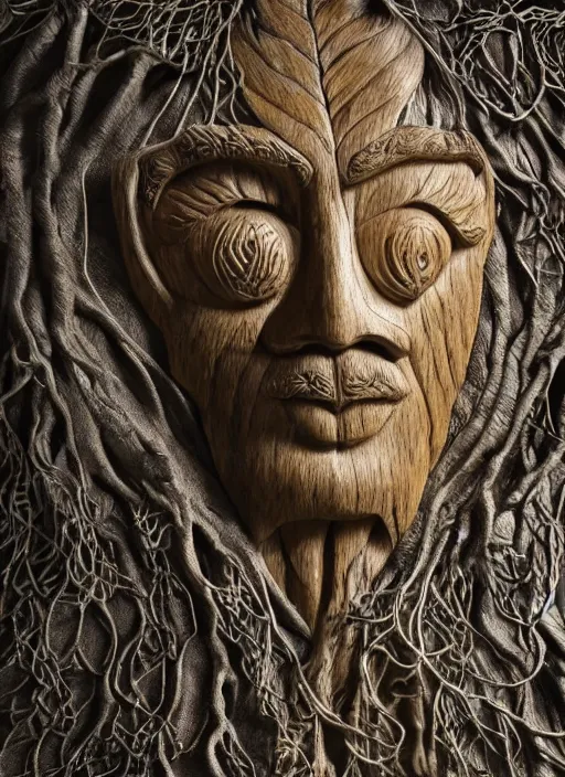 Prompt: wooden sculpture of a druid face, etched with Celtic symbols, eyes open, at a majestic forest waterfall + cascading water + fluid dynamics + particle physics, rocks, flowers, oak leaves, brown silk, glowing gold and silver embers, song of the sea inspired, Rasterized render, cgi, 3d, hyper-detailed, ultra-realistic, photo-bash, 8k post-production, masterpiece