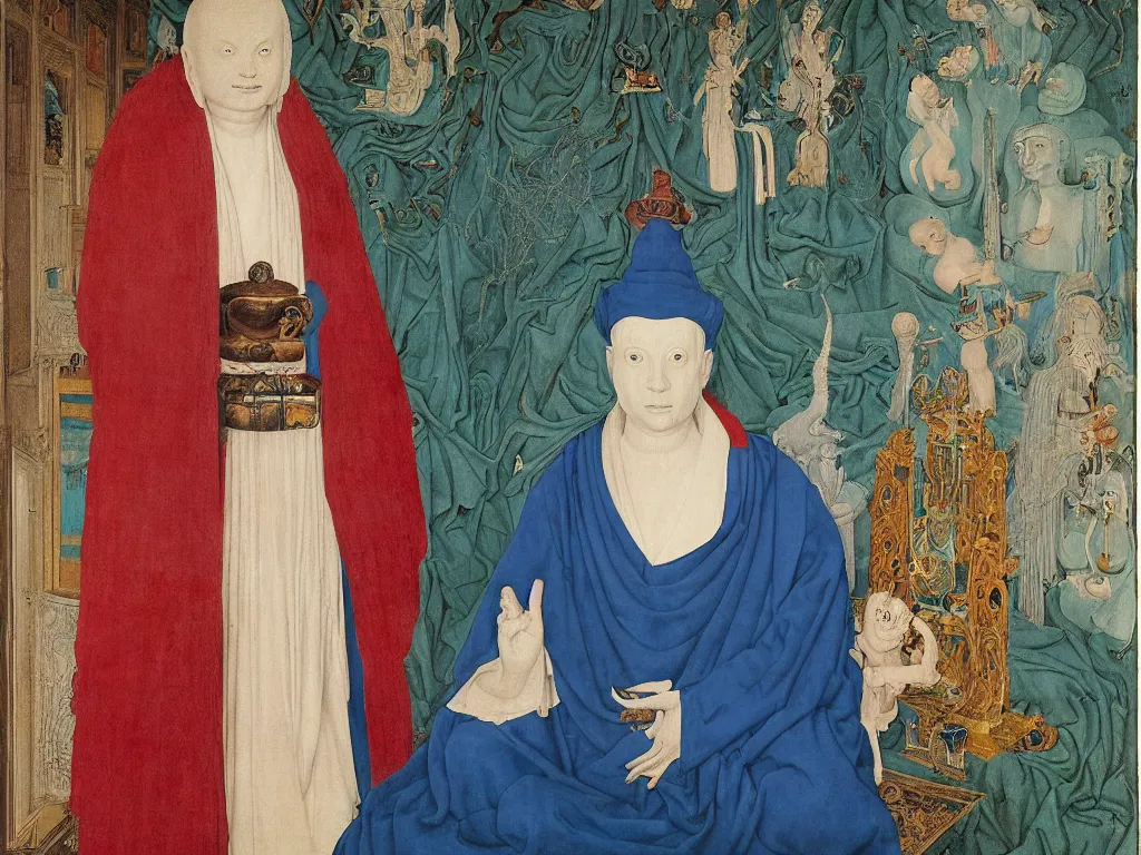 Image similar to Portrait of albino mystic with blue eyes, with Burmese marble statue of the Buddha. Painting by Jan van Eyck, Audubon, Rene Magritte, Agnes Pelton, Max Ernst, Walton Ford