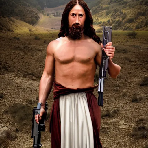 Prompt: Jesus Christ as Rambo holding a large gun with one hand, full body, photography, 4K