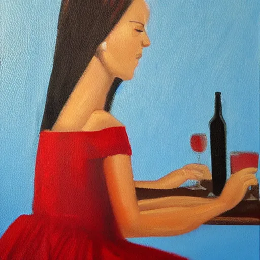 Image similar to oil painting of a girl in a red dress on a date night