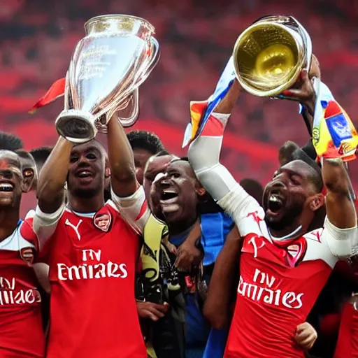 Prompt: Arsenal lifting the UCL trophy