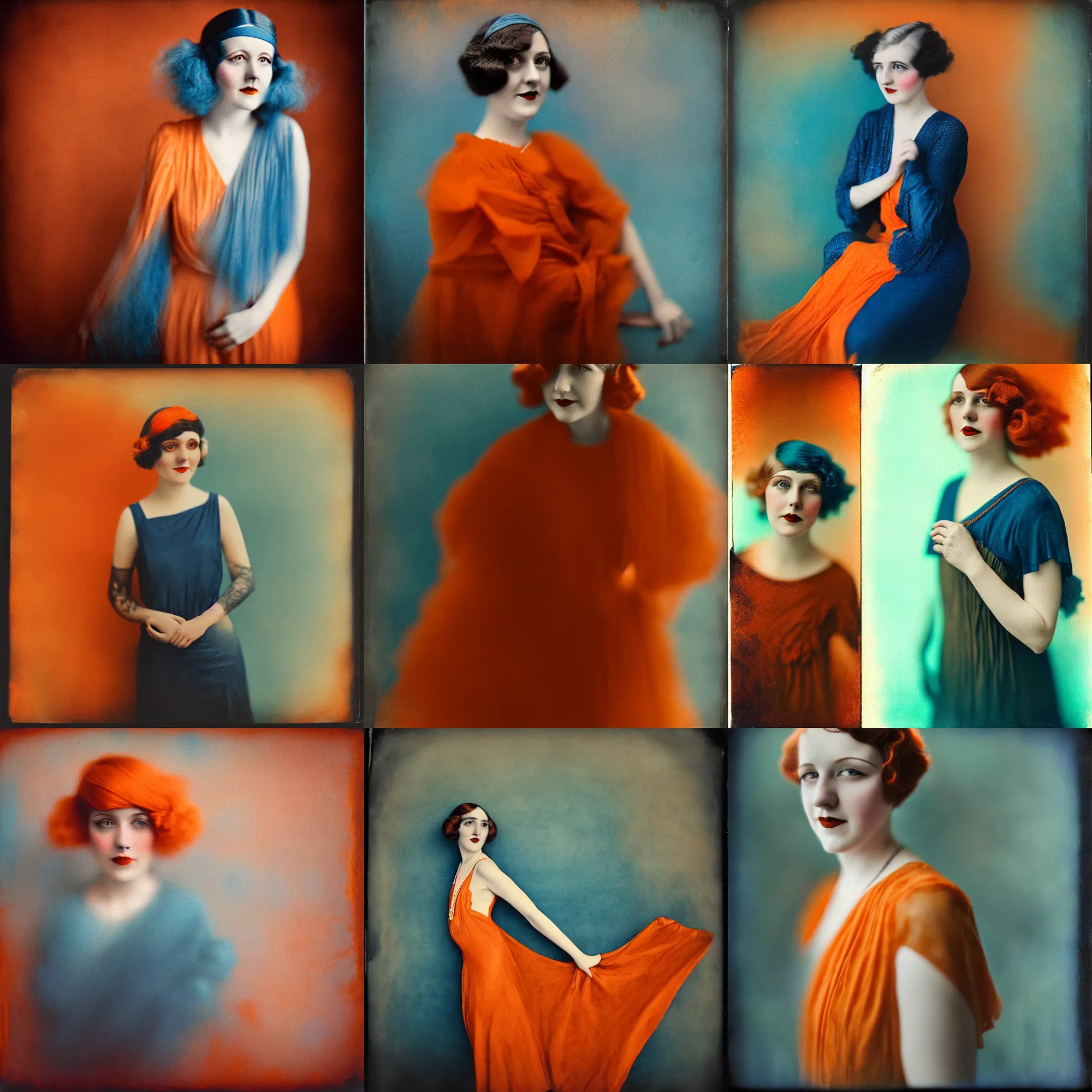 Prompt: kodak portra 4 0 0, wetplate, motion blur, portrait photo of a backdrop, 1 9 2 0 s cloth, 1 9 2 0 s hair, coloured in blueberra and orange, by britt marling, muted colours