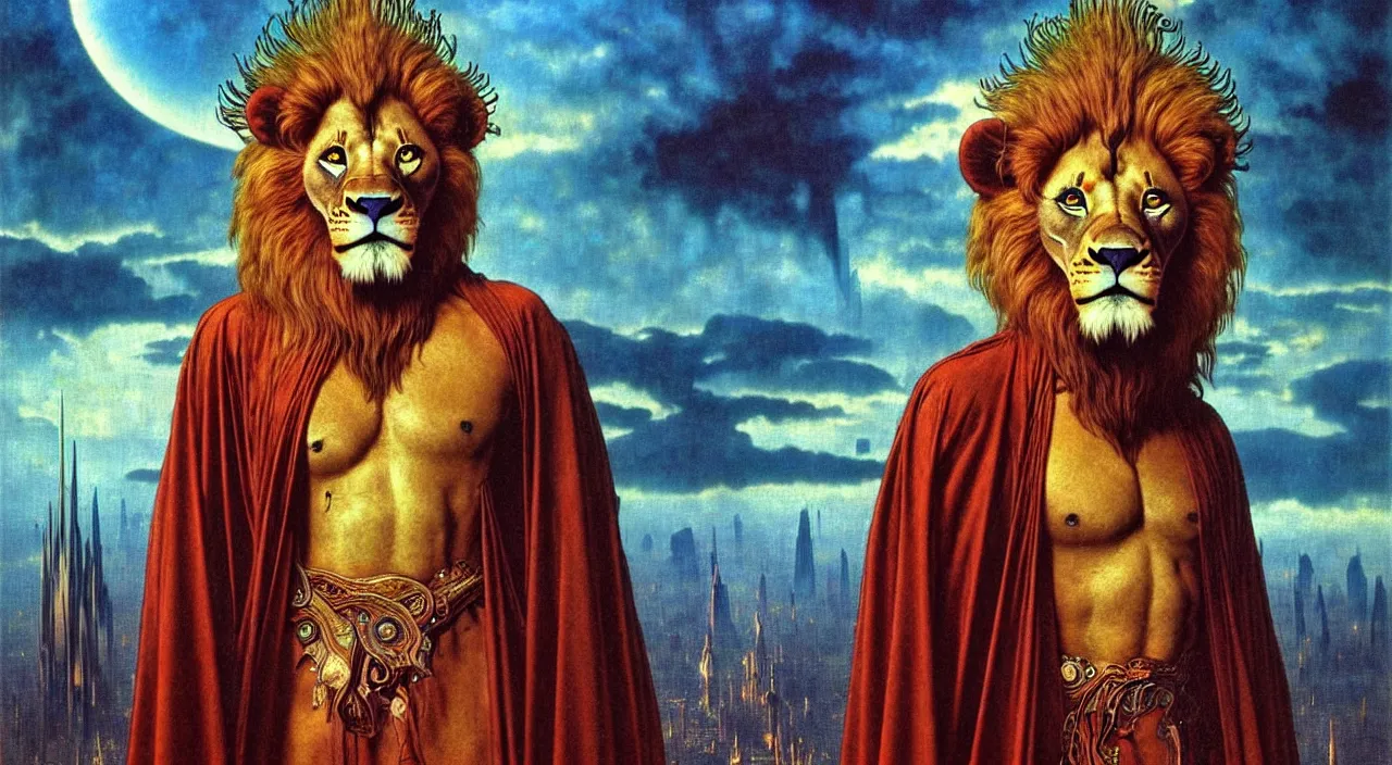 Image similar to realistic detailed portrait movie shot of a lionman wearing dark robes, sci fi city landscape background by denis villeneuve, amano, yves tanguy, alphonse mucha, ernst haeckel, max ernst, roger dean, masterpiece, rich moody colours, blue eyes, occult