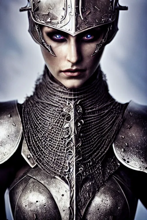 Prompt: head and shoulders portrait of an eldritch knight, drow, dark elf, shadar kai, female, breastplate, magical, high fantasy, d & d, by annie liebovitz, face details, extremely detailed, vogue fashion photo