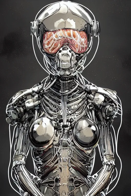 Prompt: a girl in a closed helmet in a alive biopunk costume consisting of swollen muscles, tendons, bones joints, protruding pistons. masterpiece 4k digital design by Mike Mignola, award winning, Artstation, Mike Mignola aesthetic, black background, intricate details, realistic, hyperdetailed, 8k resolution