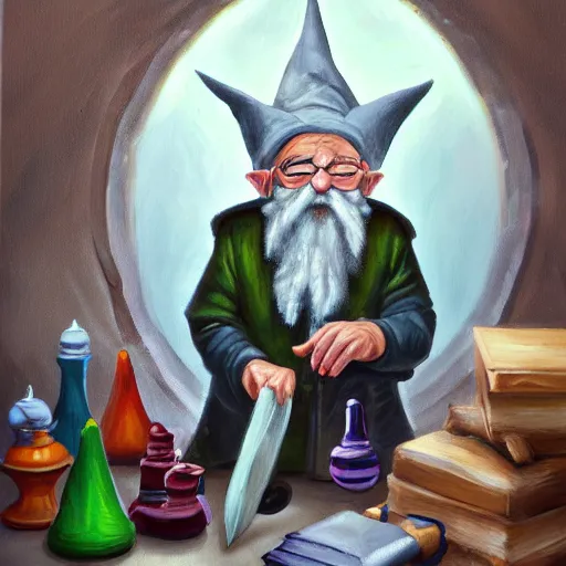 Image similar to an old professor experimenting with deadly gnomes, higly detailed, oil painting, mystic