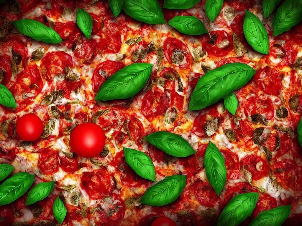 Image similar to highly detailed 3 d render of the mythical tree yggdrasil with leaves that look like pizza toppings, tomato, mozzarella, basil, hyper realistic octane render, cinematic lighting, deviantart, lowbrow, surrealism, pixar still