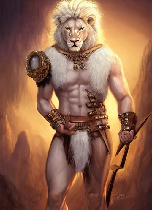 Prompt: aesthetic portrait commission of a of a male fully furry muscular anthro albino lion with a tail and a beautiful attractive hyperdetailed face, wearing ancient roman attractive gladiator outfit while holding a gladiators sword in his hand in a giant roman coliseum at golden hour. Character design by charlie bowater, ross tran, artgerm, and makoto shinkai, detailed, inked, western comic book art, 2021 award winning film poster painting