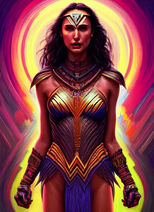 Image similar to portrait of gal gadot, hyper detailed ultra sharp aztec shaman warrior. trending on artstation, warpaint aesthetic, bloodwave, colorful, psychedelic, ornate, intricate, digital painting, concept art, smooth, sharp focus, illustration, art by artgerm and greg rutkowski and h. r. giger, 8 k