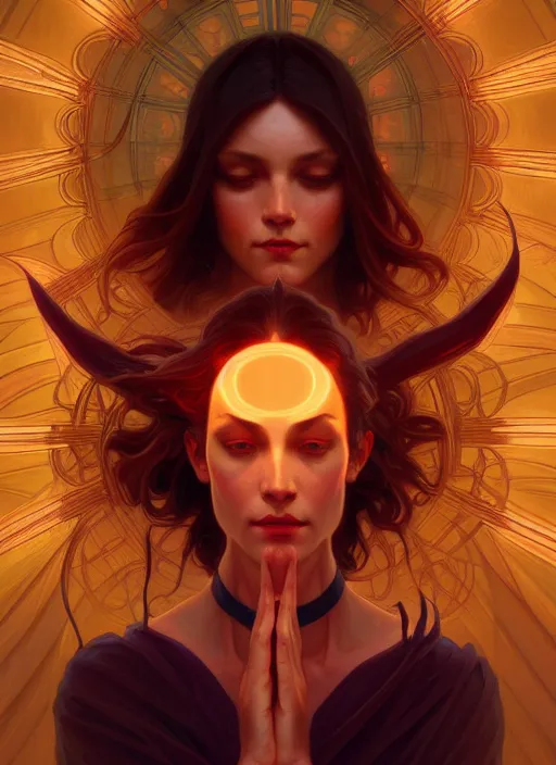 Image similar to symmetry!! demon afraid of angel, glowing lights!! intricate, elegant, good vs evil, highly detailed, digital painting, artstation, concept art, smooth, sharp focus, illustration, art by artgerm and greg rutkowski and alphonse mucha, 8 k