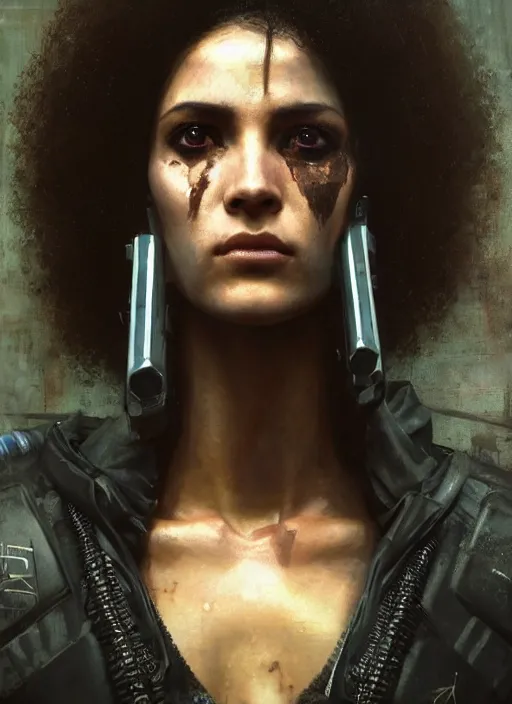 Image similar to Cyberpunk female version of the punisher (blade runner 2049, cyberpunk 2077). Beautiful face and afro. Orientalist portrait by john william waterhouse and James Gurney and Theodore Ralli and Nasreddine Dinet, oil on canvas. Cinematic, hyper realism, realistic proportions, dramatic lighting, high detail 4k