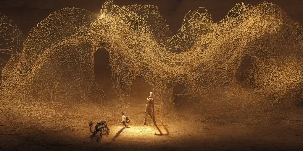 Image similar to A George Miller film, an ornate real character made out of intricate metallic filament webs and Endocrine system built out of dust and light, floating in the desert night, hyper-realism, very detailed feel, rendered in Octane, tiny points of light, caustic, 4k, beautiful lighting