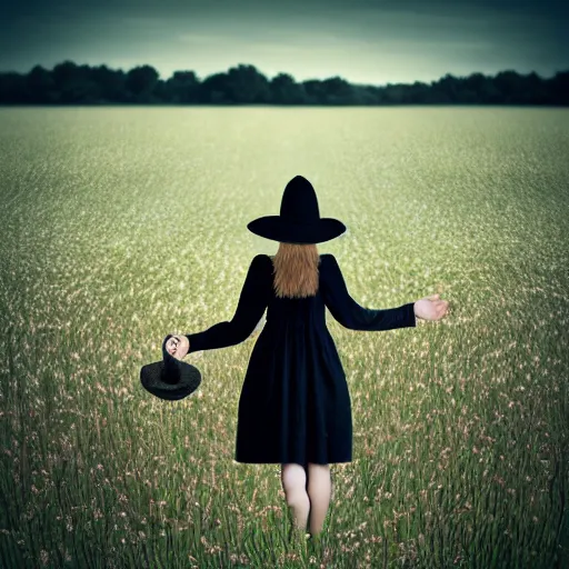 Image similar to a girl standing in a field, alone, wearing black dress and hat, doll in hand, detailed hands, by andrea kowch, dark, scene, magic realism, flowers, perspective