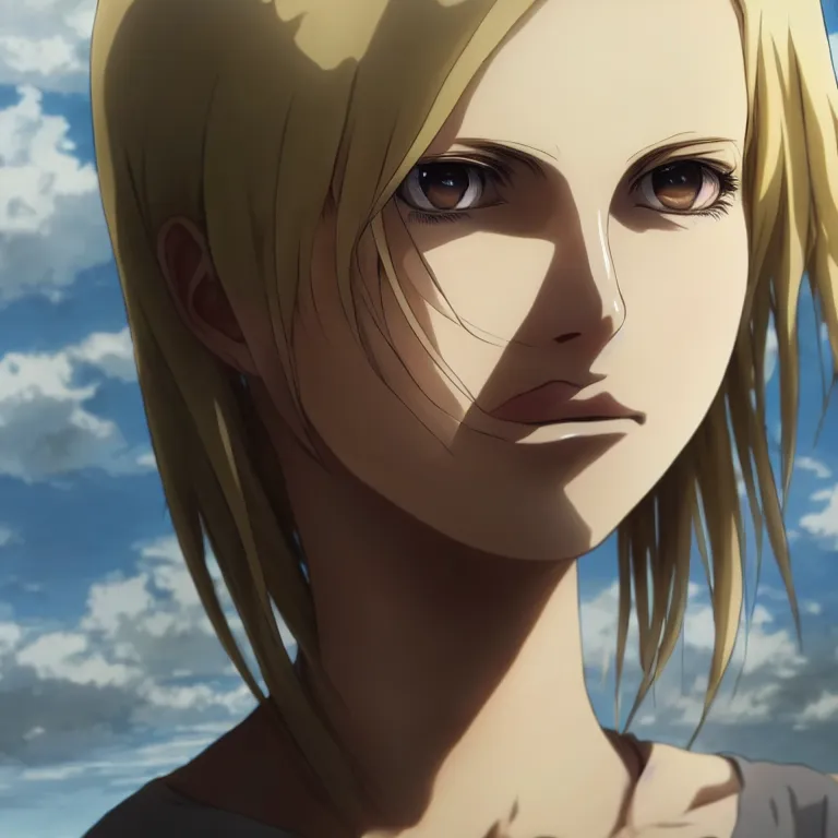 Prompt: picture of beautiful annie leonhart, anime screenshot, hyper realistic, pale skin, beautiful face, 1 0 8 0 p, rule of thirds, extreme detail, detailed drawing, trending artstation, hd, fantasy, realistic lighting, sharp focus, backlit, attack on titan scenery