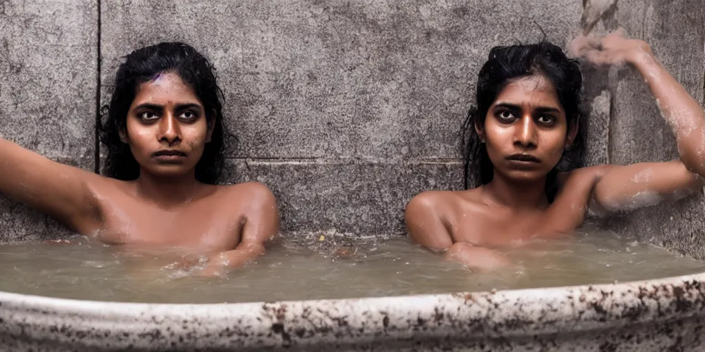 Image similar to sri lankan young woman in a bath tub, film still, thriller movie style