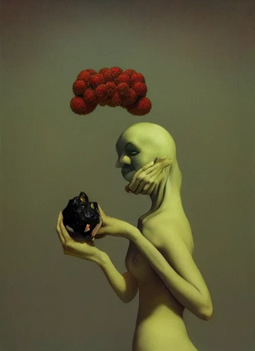 Image similar to She Eats of the Strangling Fruit and Her polyp blossoms bring iridescent fungal flowers whose spores black the foolish stars Edward Hopper and James Gilleard, Zdzislaw Beksinski, Mark Ryden, Wolfgang Lettl highly detailed