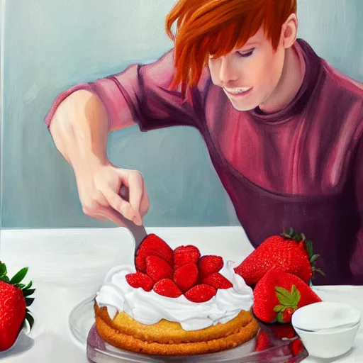 Prompt: painting of redhead boyfriend making strawberry shortcake topped with whipped cream