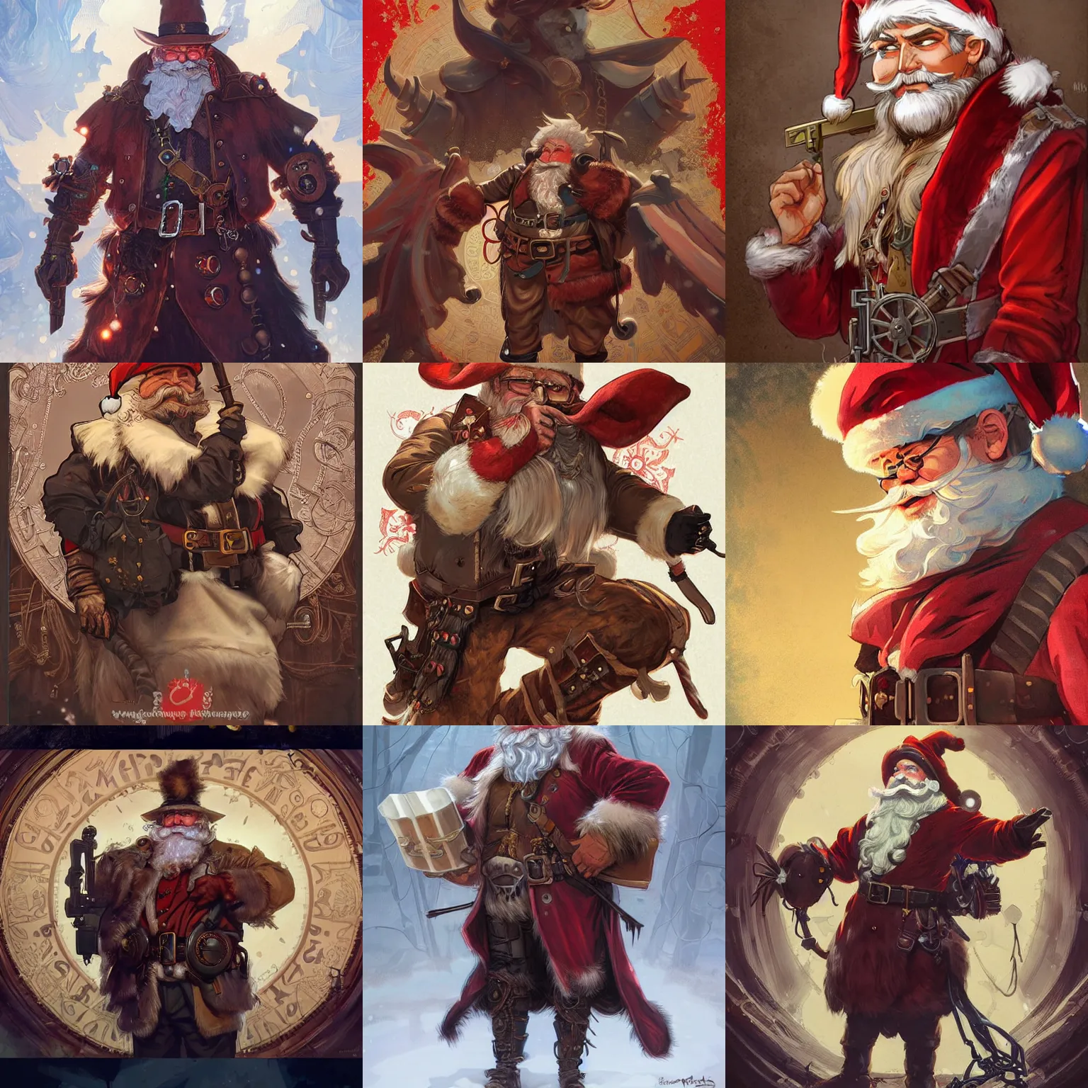 Prompt: santa claus steampunk half - cyborg cowboy, pelt coats, high fantasy, dnd, smooth, sharp focus, illustration, highly detailed, digital painting, artstation, concept art, by rossdraws, alphonse mucha, frank fanzzeta, collectible card art