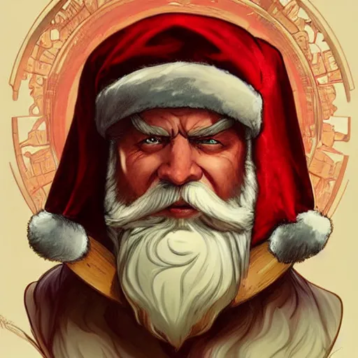 Image similar to santa claus wearing a viking helmet, art by artgerm, greg rutkowski and alphonse mucha