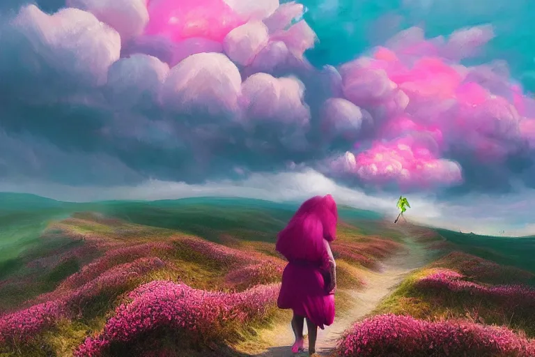 Image similar to giant dahlia flower as a head, girl walking on mountain, surreal photography, pink storm clouds, dramatic light, impressionist painting, digital painting, artstation, simon stalenhag